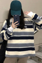 Turn Down Collar Retro Striped Sweatshirt